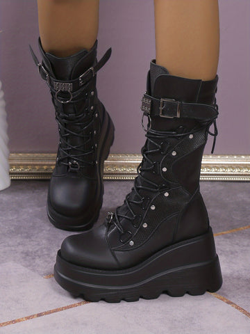 Black studded wedge platform boots darkwave fashion women silver dome studs full shaft side profile