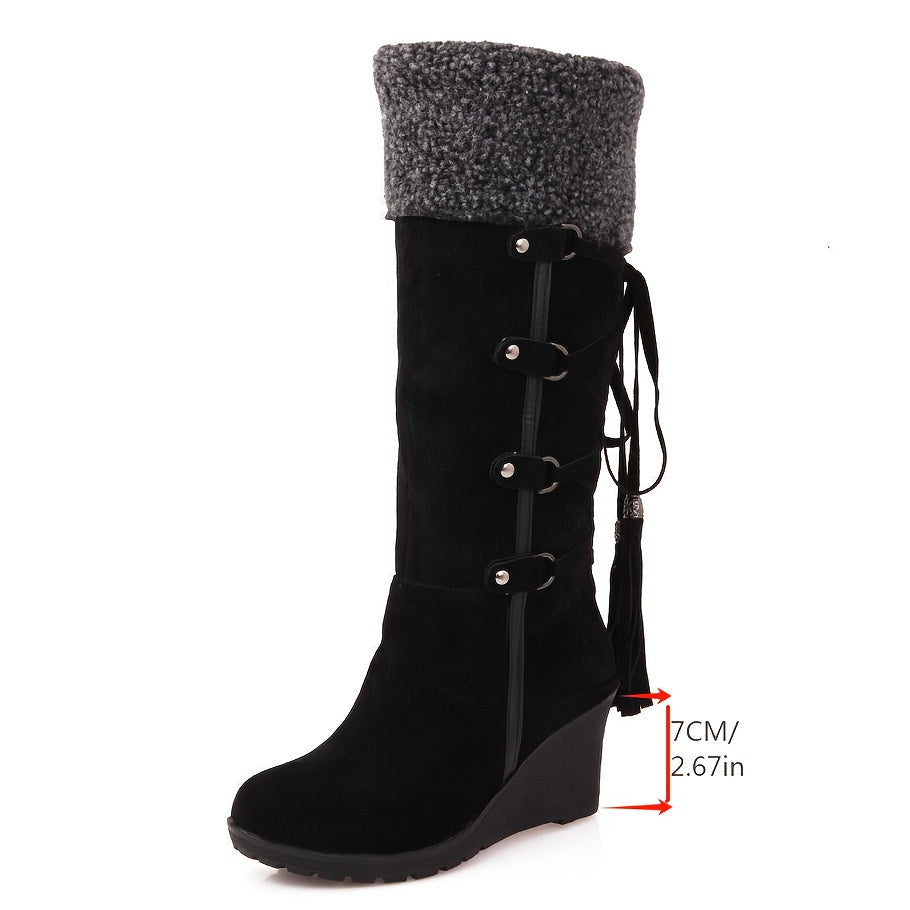 2025 Autumn/Winter New Plus Size -Lined Warm Boots with Wedge Heel, Tassel, and High Shaft, In Stock, Women Shoes