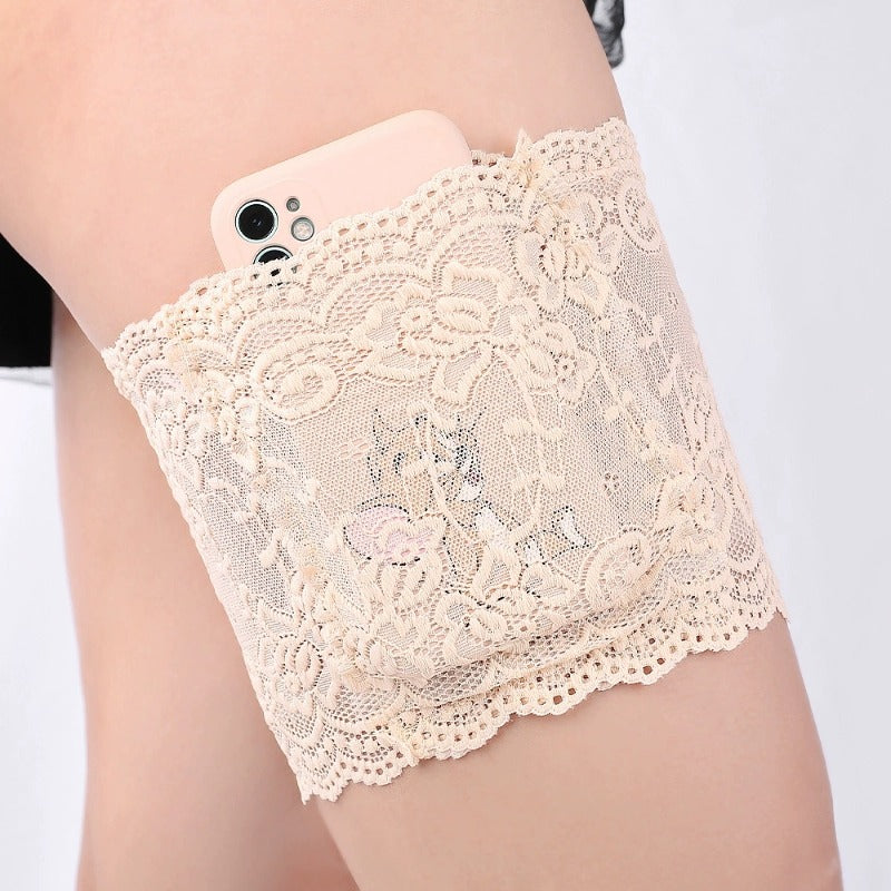 1 Ladies' Elegant Lace Garter Belt with Non-Slip Silicone Phone Bag - Adjustable Knee Socks Accessories, Floral Lace-Up and Hands-Free Phone Holder for Stockings, Underwear and Gothic Clothing (Fit)