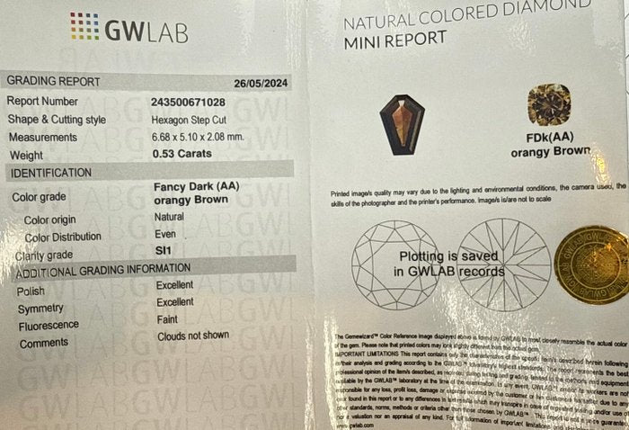 0.53 ct Natural Diamond Fancy Orangy Brown Cognac Color AA GWLab Certified