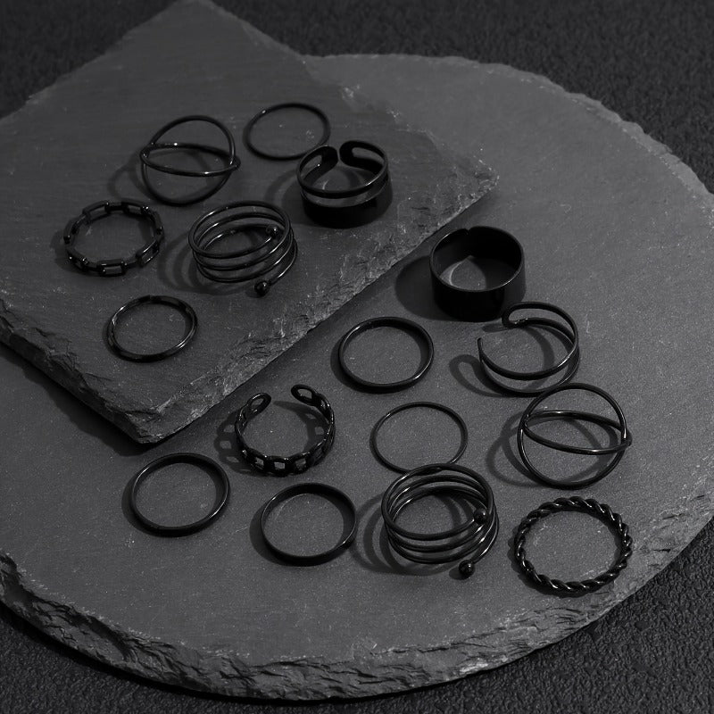 16pcs Set of Multi-Layered Rings with Iron Circles, Featuring a Stylish And Unique Hip-Hop Gothic Design in Black Geometric Patterns, Perfect for Stacking And Ideal for Vacation Parties