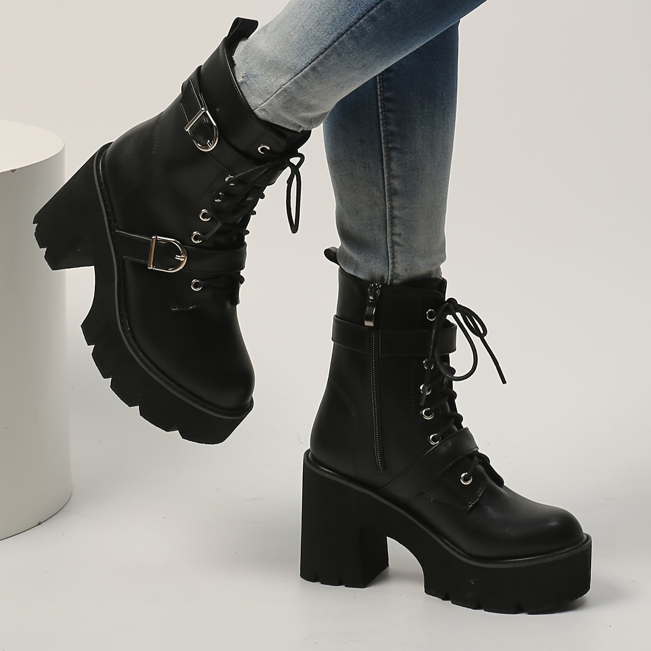 Black chunky block heel ankle boots darkwear fashion women lace up front platform sole side profile