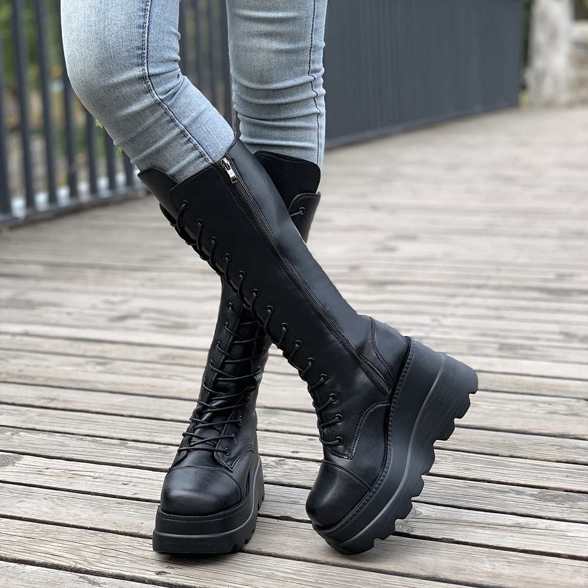 Black knee high boots alternative darkwear women back view full shaft lace up and chunky sole