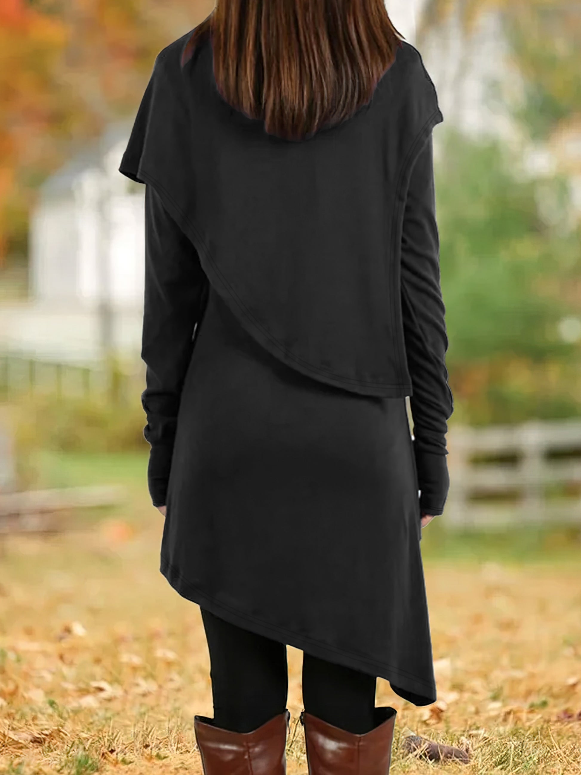 Asymmetric hem cowl neck tunic dress in black slim fit knit from Alternative Darkwear Back view