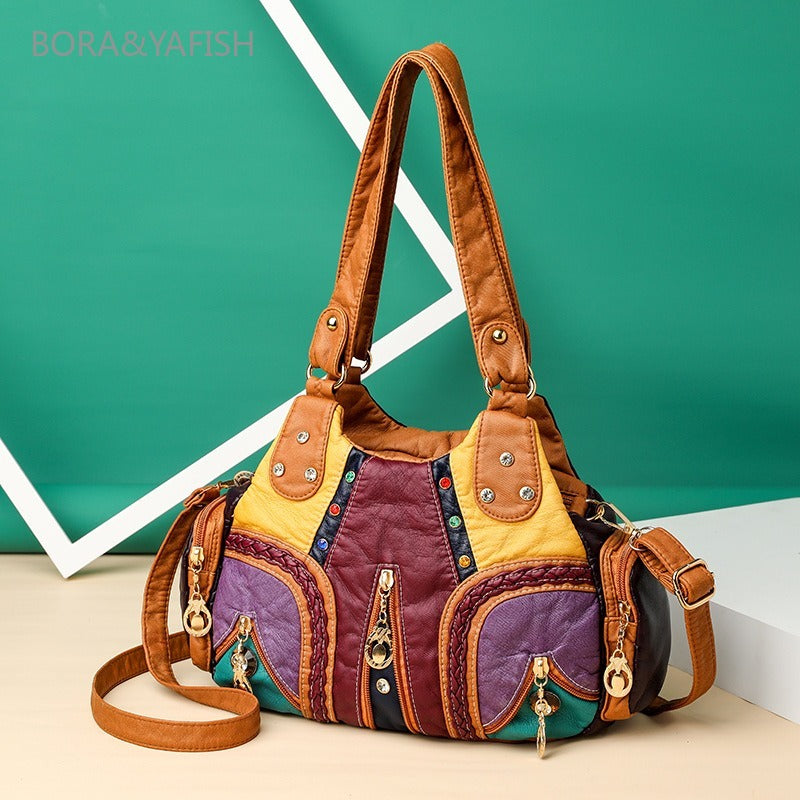 Sac à bandoulière et bandoulière tendance transfrontalier - Bloc de couleurs, grande capacité, multicouche, délavé, style d'âge moyen - Meilleure vente