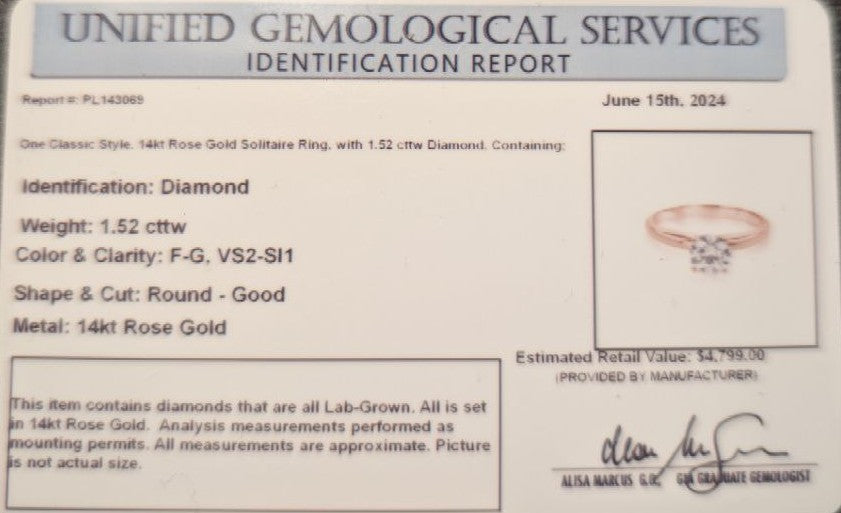 Luxury 1.52 CT Lab-Grown Diamond Solitaire • Solid 14K Rose Gold • Size 7 • New